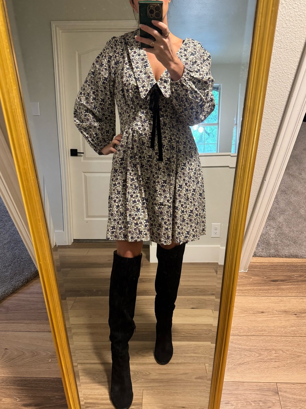 Long sleeve floral dress perfect for fall with boots